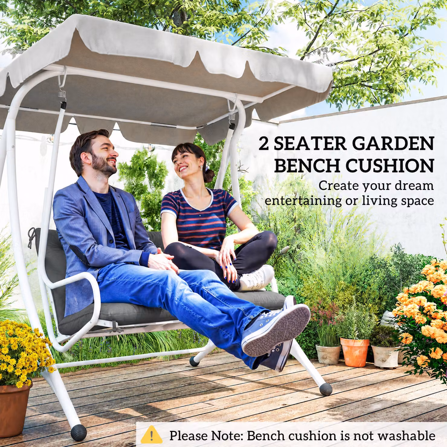 Outsunny 2-Seater Garden Bench Cushion with Back and Ties, Water Repellent, Dark Grey, W: 98 cm x H: 100 cm – 6
