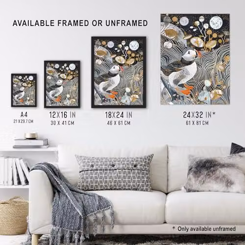 Artery8 Stylised Puffin Full Moon Flower Field Abstract Framed Wall Art Print, Multicolour, H 32.3 x W 29.7 x D 2.34 cm – 3