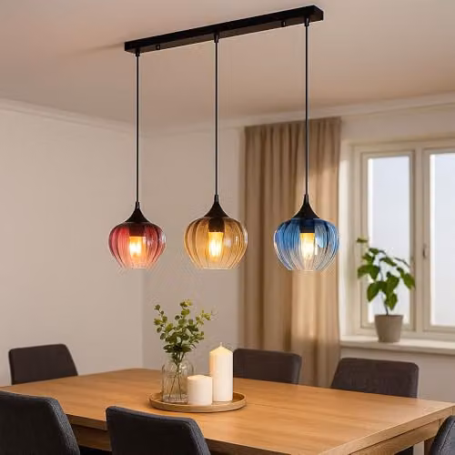 Globo Lighting Modern Bar Pendant Light with Multicolour Glass Shades and Black Metal Finish, 3x E27 Bulbs, Height Adjustable – 2