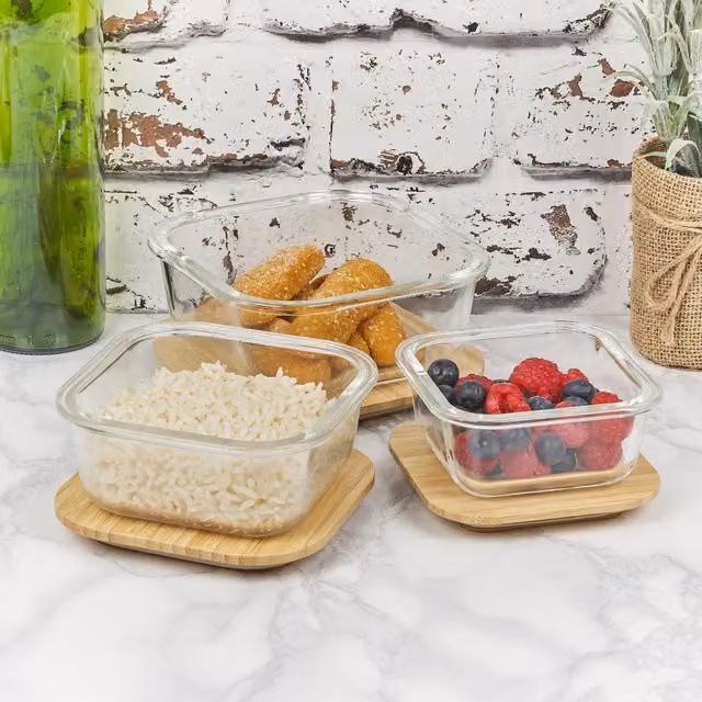 Homiu 3 Piece Airtight and Leakproof Square Glass Food Storage Containers with Bamboo Lids, Transparent
