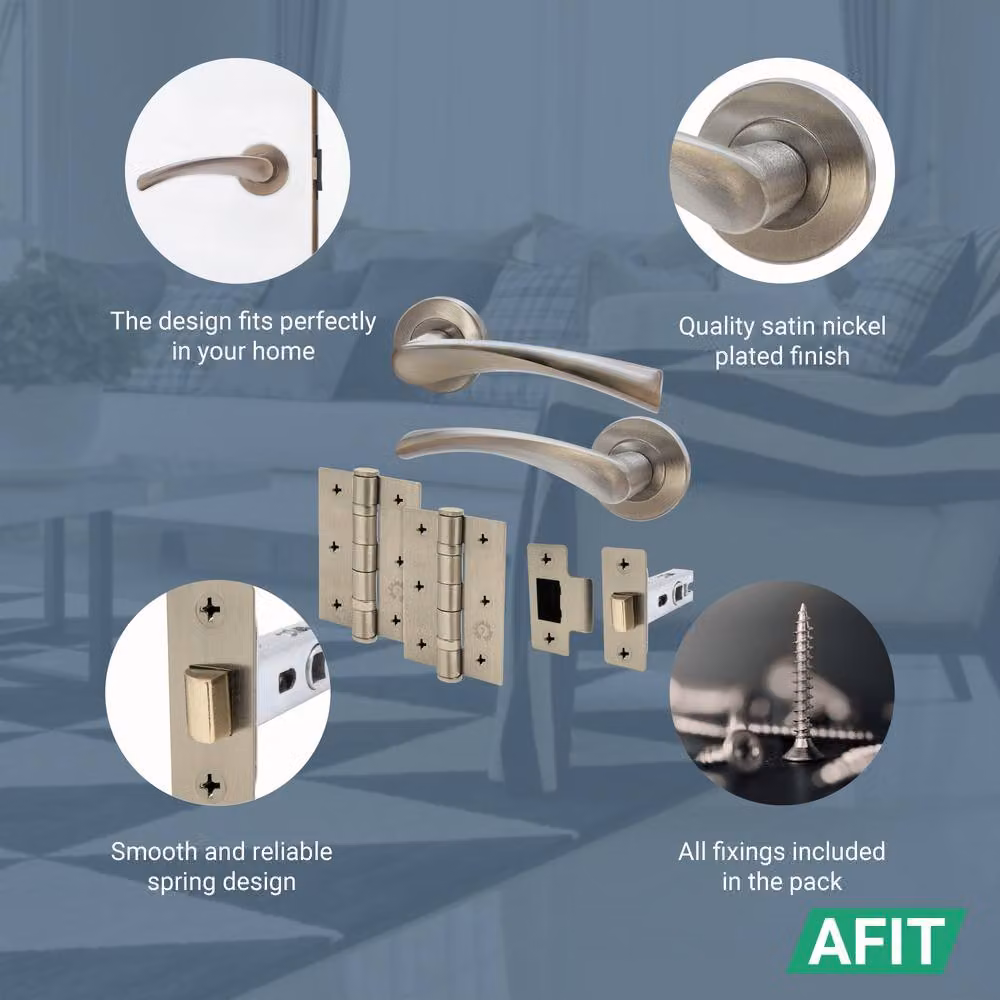 AFIT 3 Pack Silver Brushed Satin Nickel Internal Twist Door Handles with Latch Hinges – 2