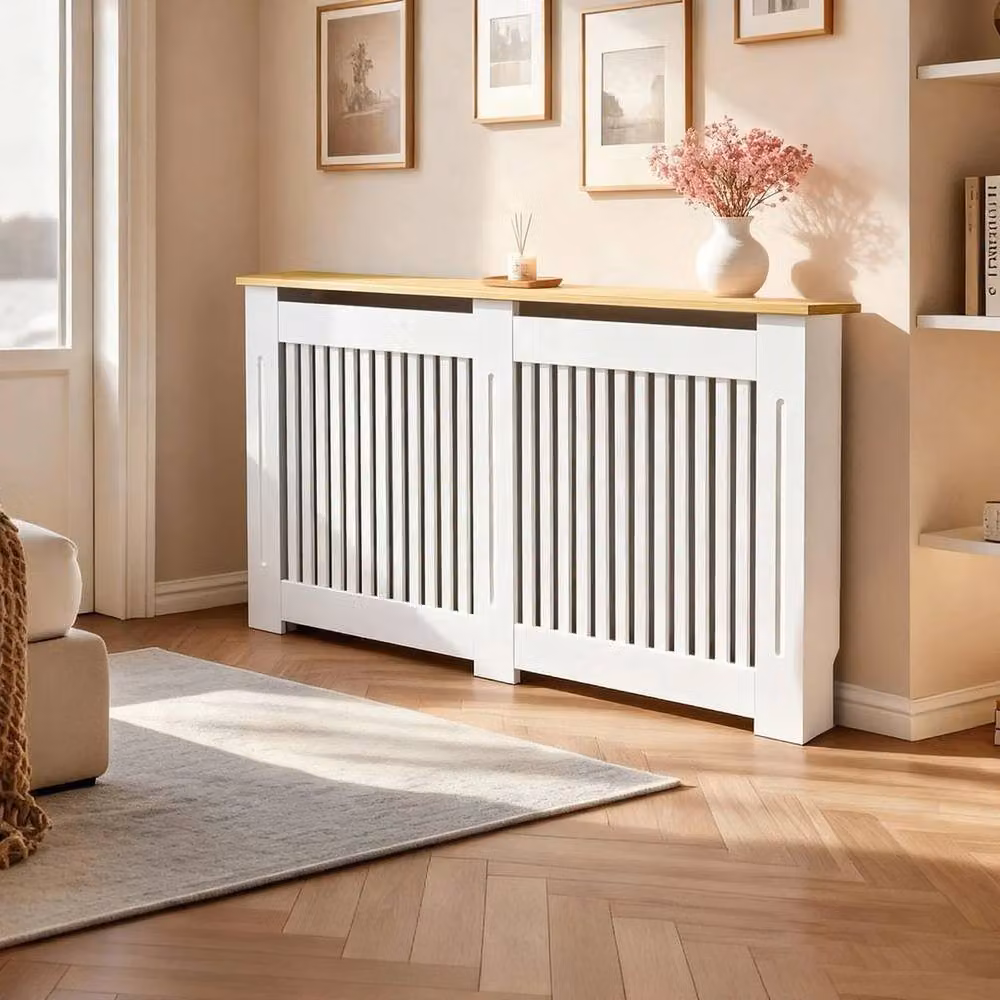 FORGEVIO Vertical Radiator Cover Shelf with Back Panel in White, W/D/H: 152 x 20 x 92.5 cm – 2