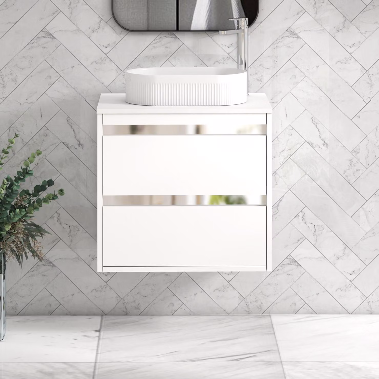Royal Bathrooms Orion 600mm Matt White Wall Hung 2 Drawer Vanity Unit with Lyon Basin and Chrome Accent Trim