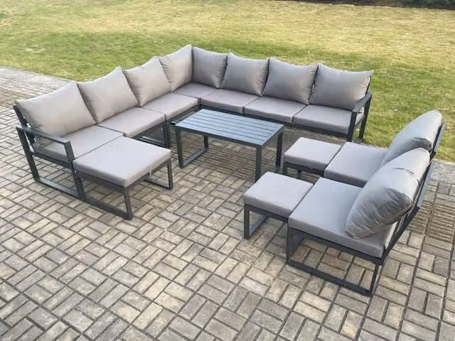 Fimous 12 Seater Aluminium Outdoor Garden Furniture Set in Dark Grey with L-Shape Corner Sofa, Oblong Coffee Table and 3 Footstools