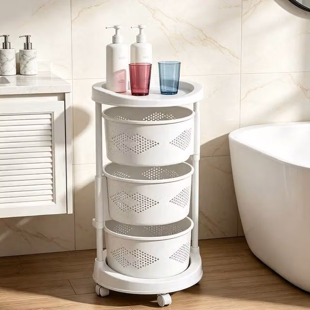KORVIXA 3 Tier Rotating Storage Rack Trolley Cart in White with Adjustable Shelves – 1