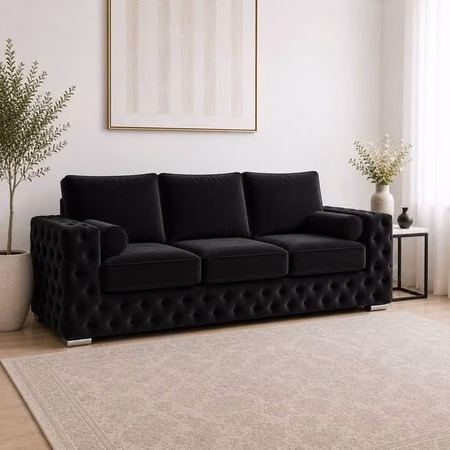 Stratus Interiors Ashley Luxury Chesterfield 3 Seater Fabric Upholstered Sofa in Black, W: 203.2 cm, H: 76.0 cm, D: 67.0 cm – 1