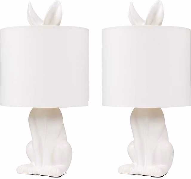 ValueLights Set of 2 White Ceramic Hare Table Lamps with Fabric Shades