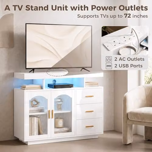 HOMCOM Modern High Gloss Sideboard in White and Gold with Integrated LED Lights and Power Outlets – 2