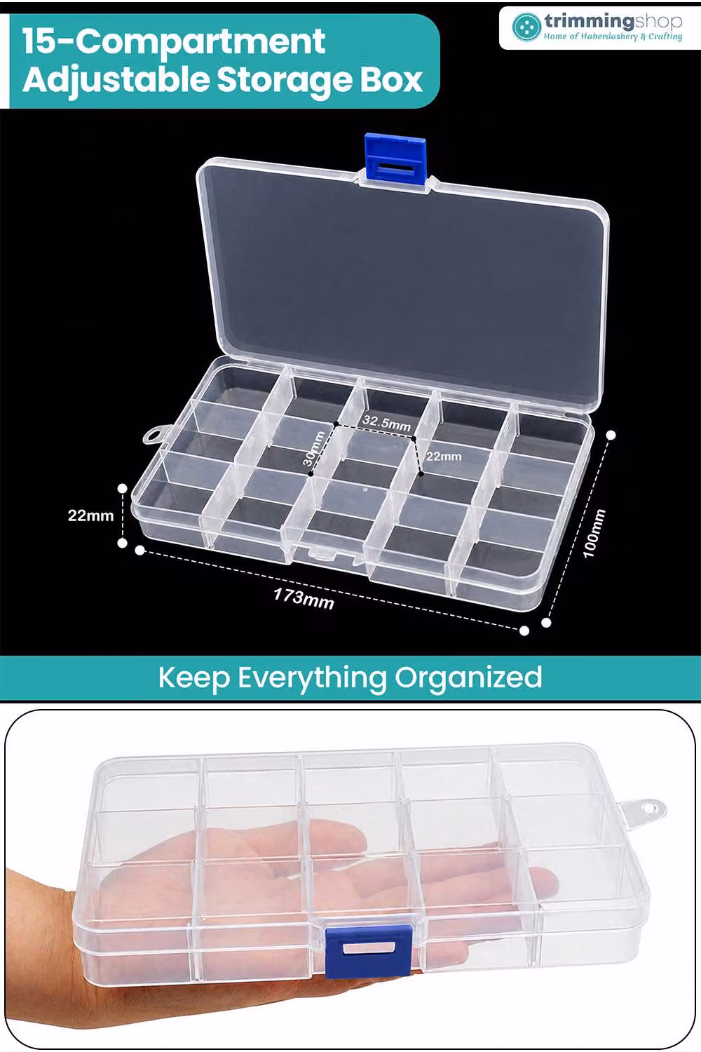 Neel Blue 15-Slot Compartment Craft and Jewellery Storage Box in Clear Plastic – 2