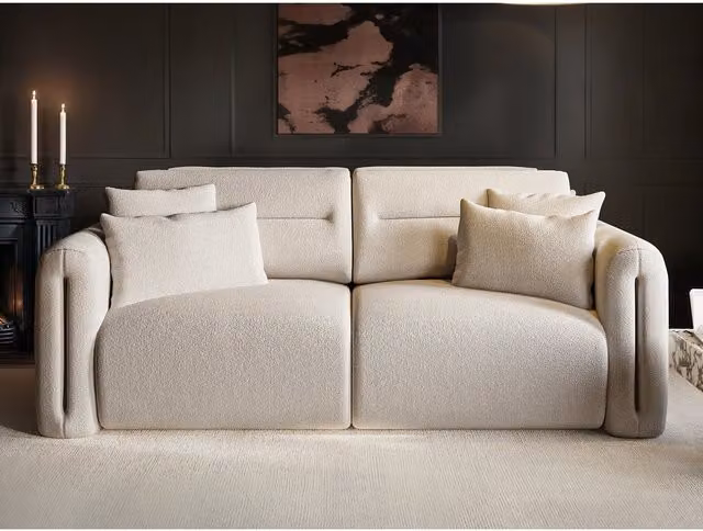 SolaceCo Mabel 3 Seater Modern Linear Sofa in Beige Bouclé Fabric