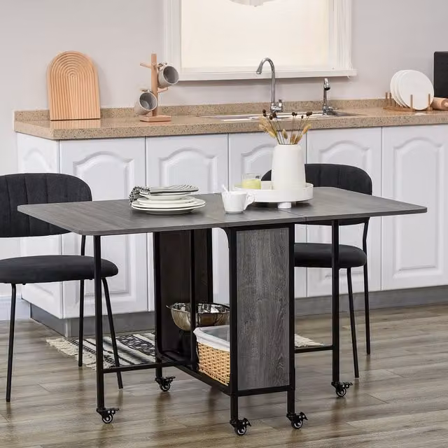 HOMCOM Mobile Drop Leaf Dining Table with Castors and Storage Shelf in Grey – 1