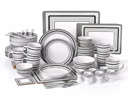 Waterside 80-Piece Grey and White Porcelain Combination Tableware Set with Cutlery and Placemats