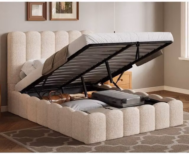 Groundlevel Kingsley Boucle Upholstered Bed Frame with Lift Up Base in Beige, Size: Single (90 x 200 cm) – 1