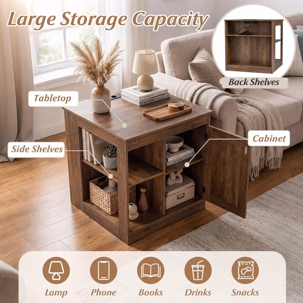 Costway Farmhouse Wooden Nightstand with Charging Station in Brown – 5
