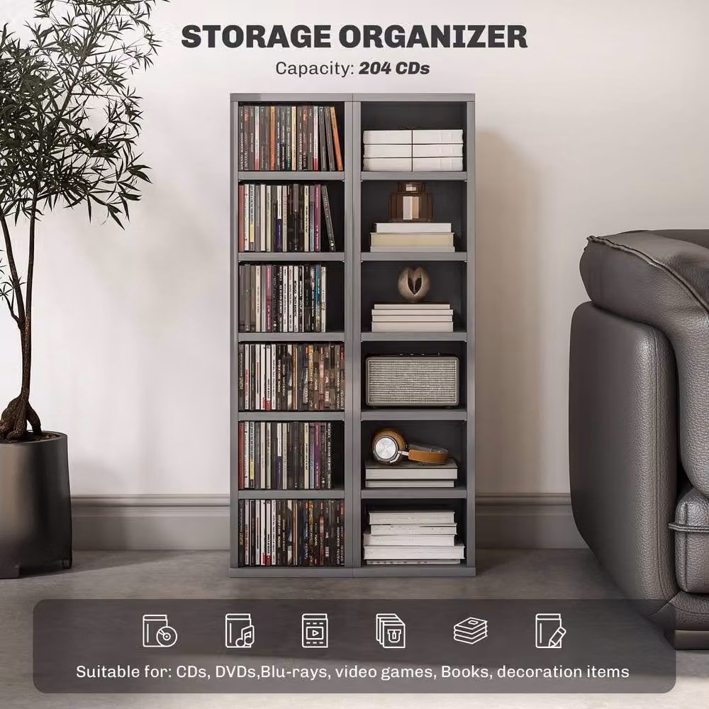 STILVORA Set of 2 Modern Grey CD Storage Units with Adjustable Shelves – 4
