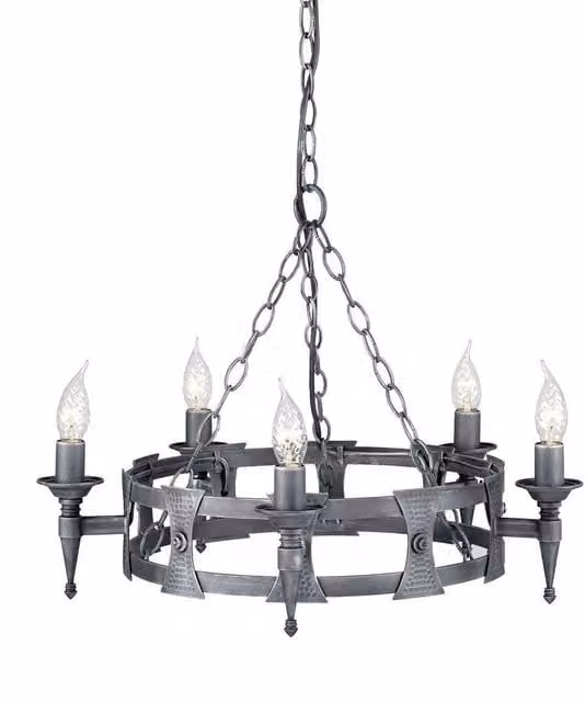 Elstead Saxon 5 Light Industrial Chandelier in Black and Silver Metal with E14 Base