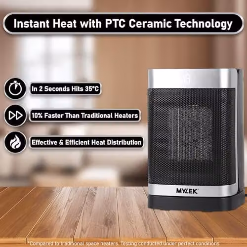 Mylek 1500W Ceramic Fan Heater with Remote Control and Tilt Protection, Silver and Black – 3