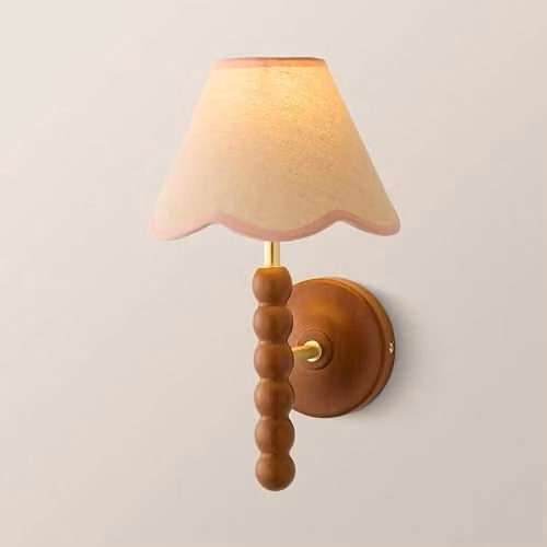 ValueLights Bobbins Walnut Bobble Wall Light with Baby Pink Linen Lamp Shade