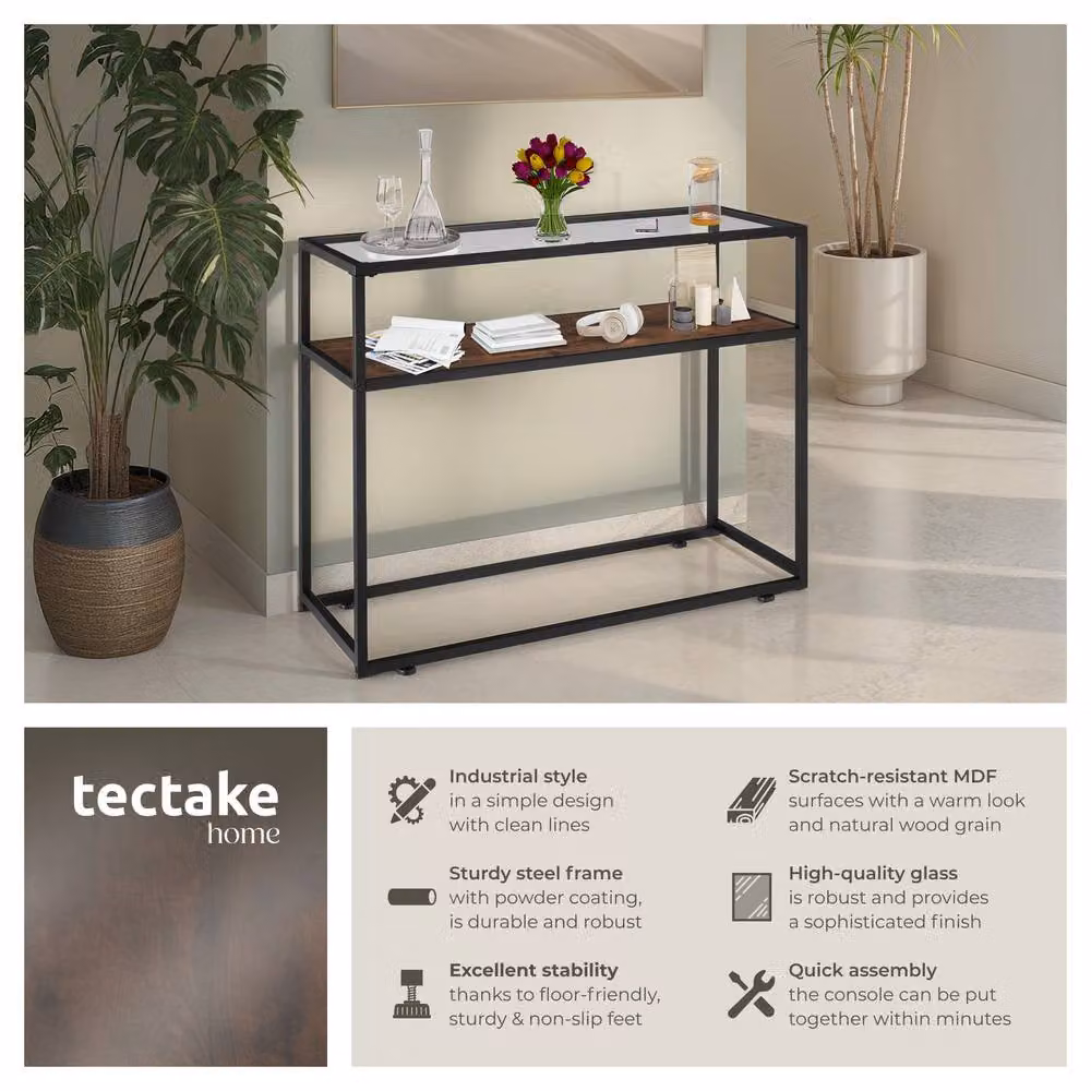 tectake Kilkenny Industrial Console Table with Glass Top and 2 Shelves in Dark Brown and Black – 2