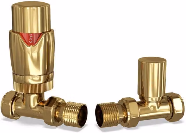 Stirling Bold Antique Brass Thermostatic Radiator Valve and Lockshield Corner Set in Polished Brass