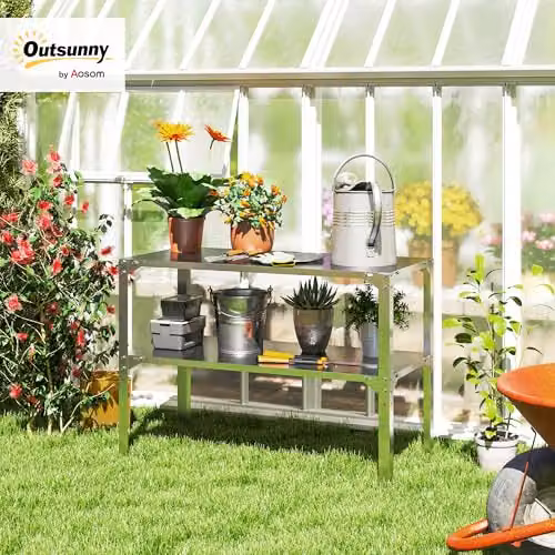 Outsunny 2 Tier Metal Potting Bench Work Table in Silver Tone, W/D/H: 110 x 50 x 75 cm – 2