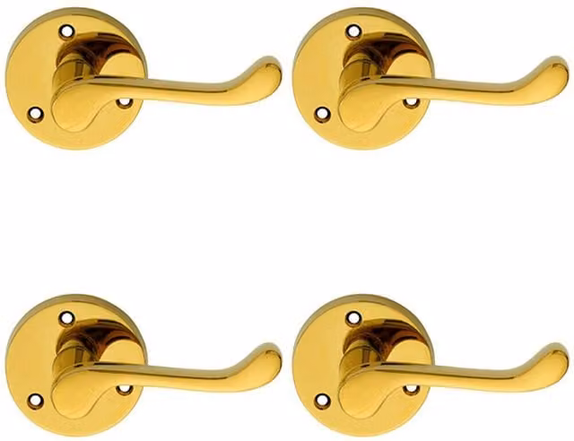 Loops 4 Pairs of Victorian Scroll Lever Door Handles with 58mm Round Rose in Polished Brass