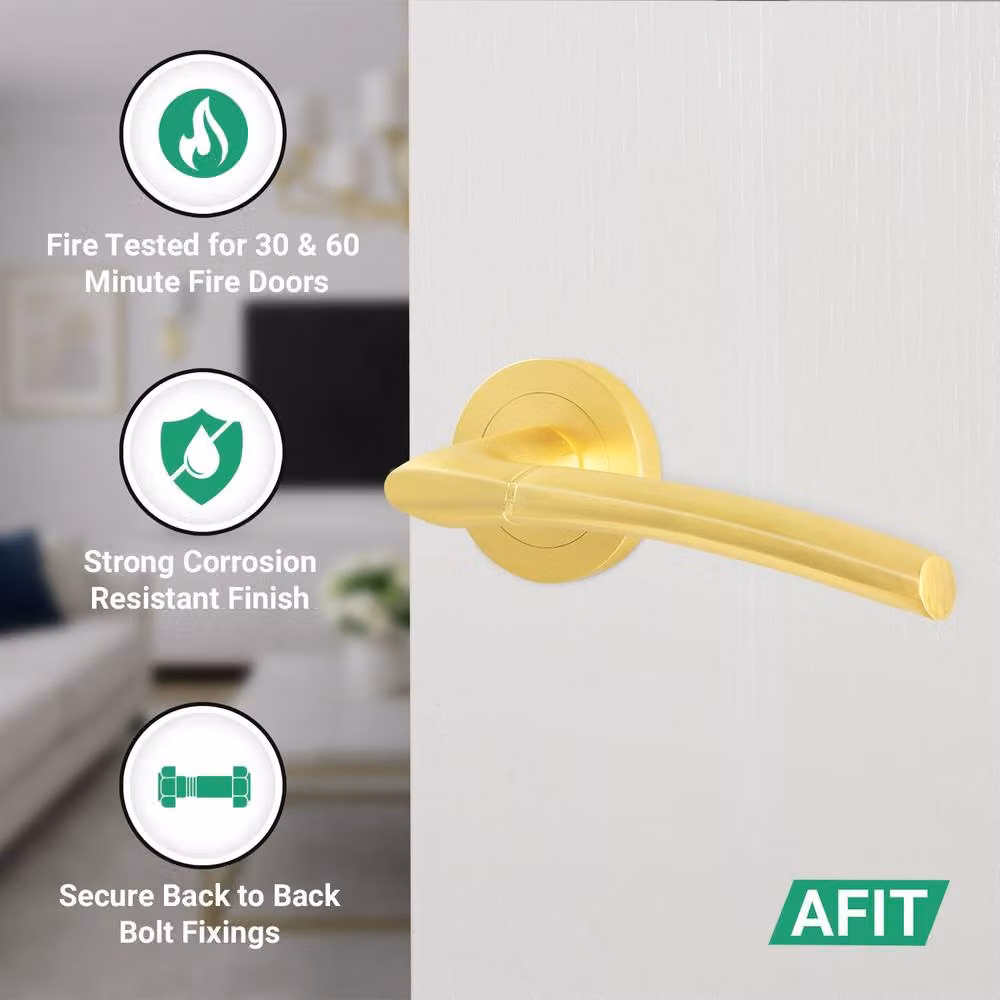 AFIT Boston Satin Brass Fire Door Handles with Round Rose Latch and Hinges, Gold, 1 Pair – 3
