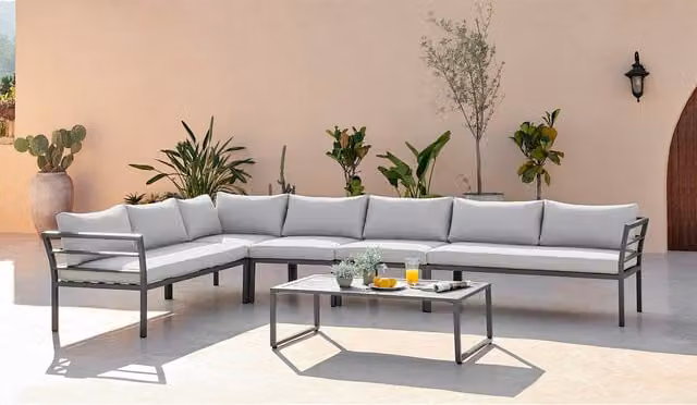 Furniturebox Montenegro 8 Seat Outdoor Corner Sofa Set in Grey Aluminium and Grey Cushions