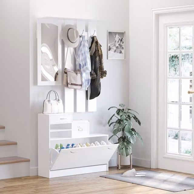 HOMCOM White Entryway Organizer Shoe Storage Wardrobe with Mirror – 1