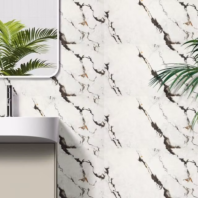 Komore 10-Piece Waterproof and Fire-Resistant Self-Adhesive Marble Wall Stickers in Black, White and Beige