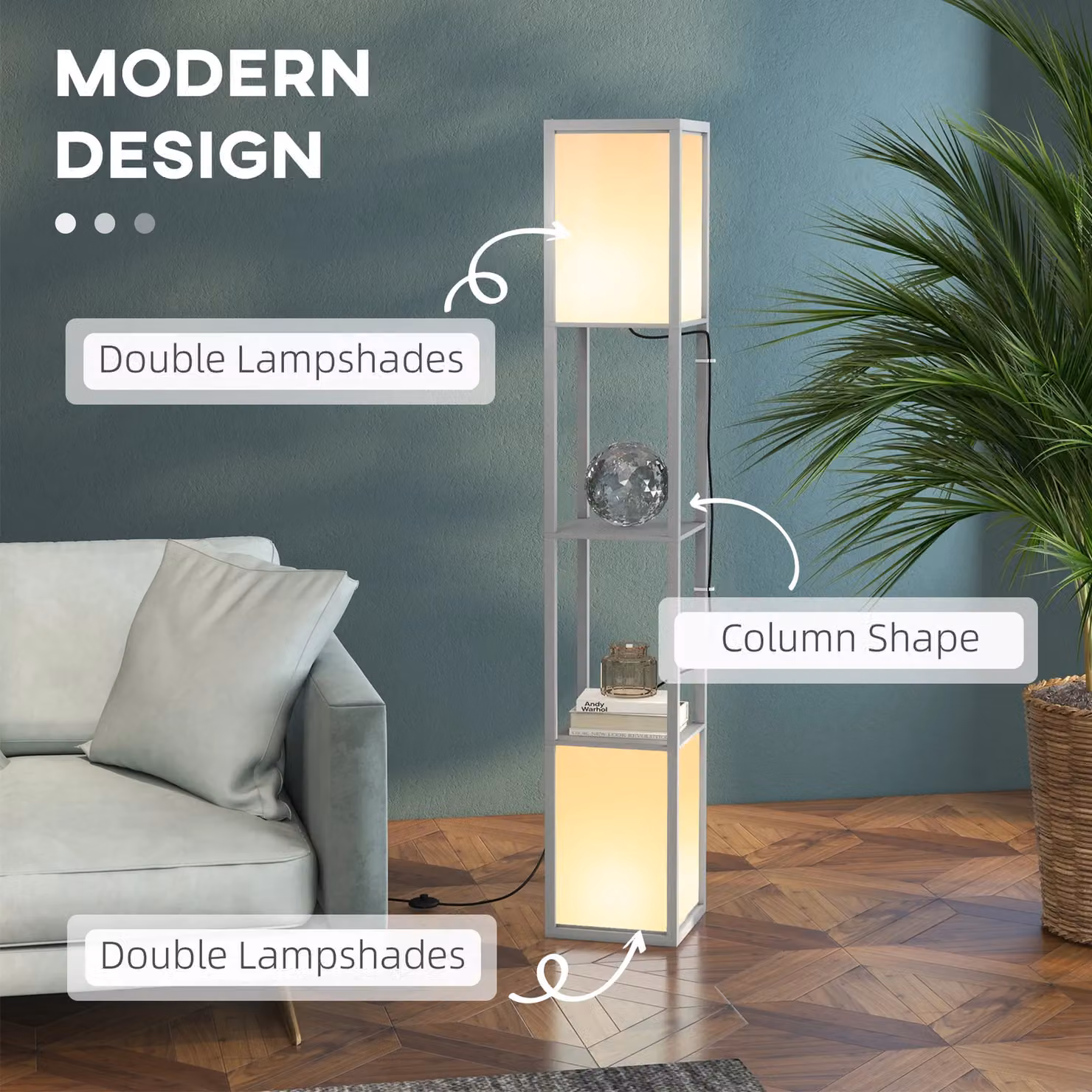 HOMCOM 3-Tier Floor Lamp with Shelves and Dual Light in Grey – 4