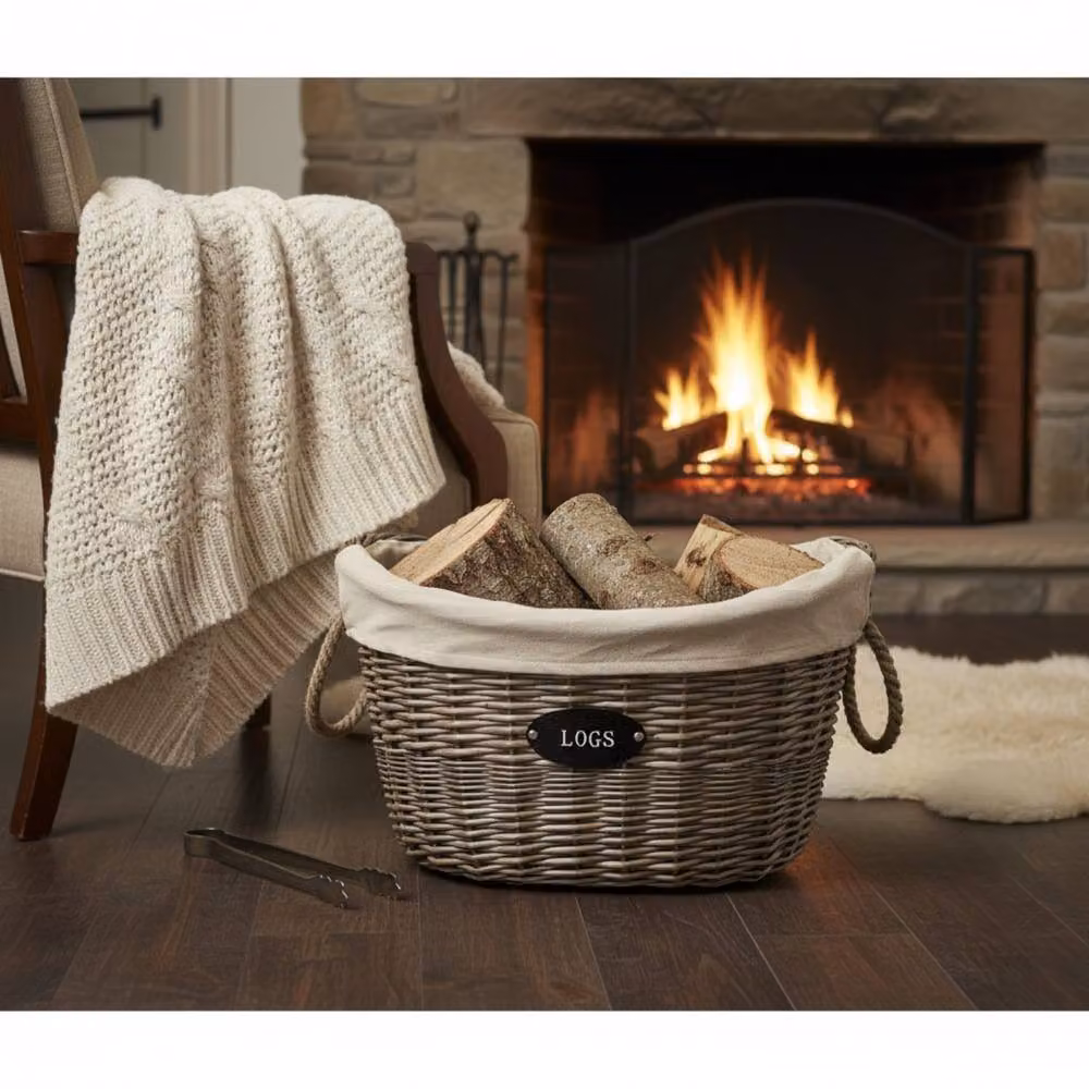 Four Candle Grey Wicker Oval Log Basket with Hessian Lining, W/D/H: 41.0 x 37.0 x 60.0 cm – 2