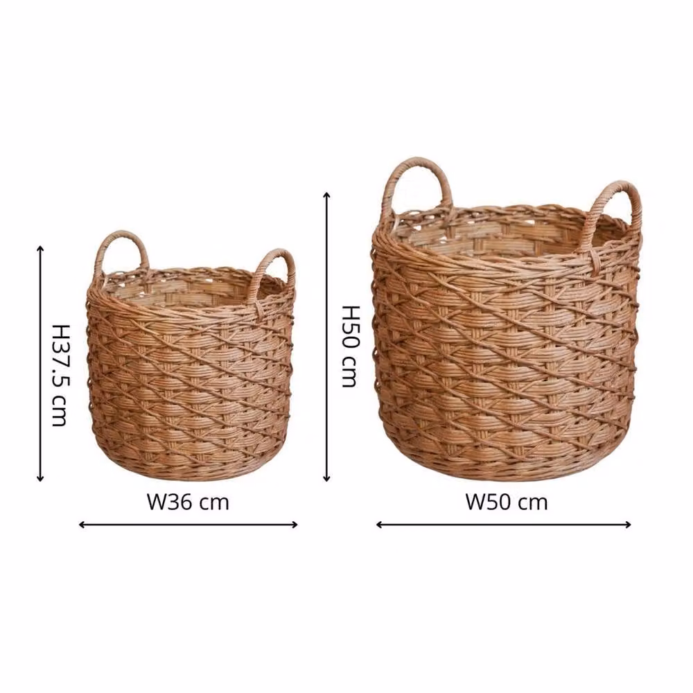 Lemon Pavilion Brown Woven Round Rattan Log Baskets with Handles, Set of 2 – 5