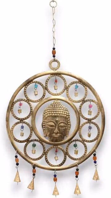 KDMK Indian Large Buddha Face Hanging Chimes with 15 Brass Bells in Gold