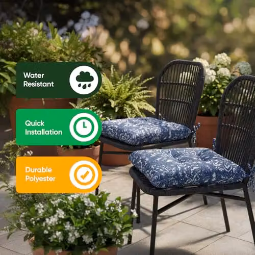 Gardenwize Hampton Pack of 2 Blue Square Outdoor Garden Chair Seat Pad Cushions with Tie Cords – 7