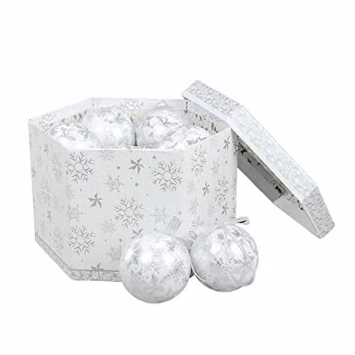 The Christmas Workshop Set of 14 White and Silver Snowflake Glass Christmas Baubles, Diameter: 7.5 cm – 1