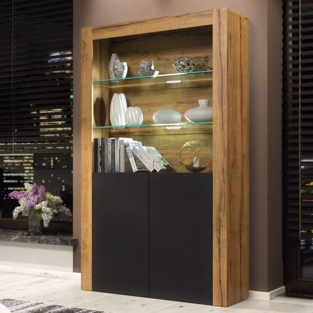 Mex Furniture LTD Spectrum Display Cabinet in Dark Oak and Black with LED Lighting, W/D/H: 170 x 35 x 100 cm