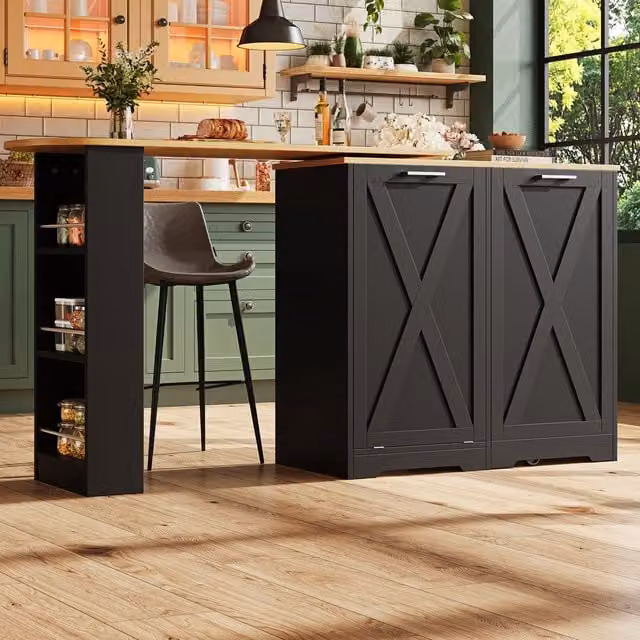Aosom UK 360 Rotating Kitchen Island with Folding 3D Textured Doors and Side Shelves in Black, W: 138 cm, D: 38 cm, H: 105.5 cm