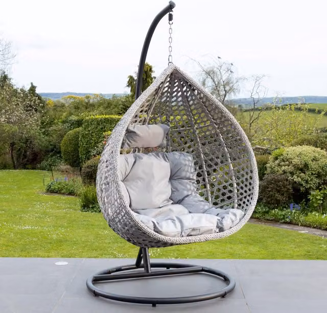 Artemis Home Oakley Swing Egg Pod Chair in Light Grey with Metal Frame and Rattan Detail – 1