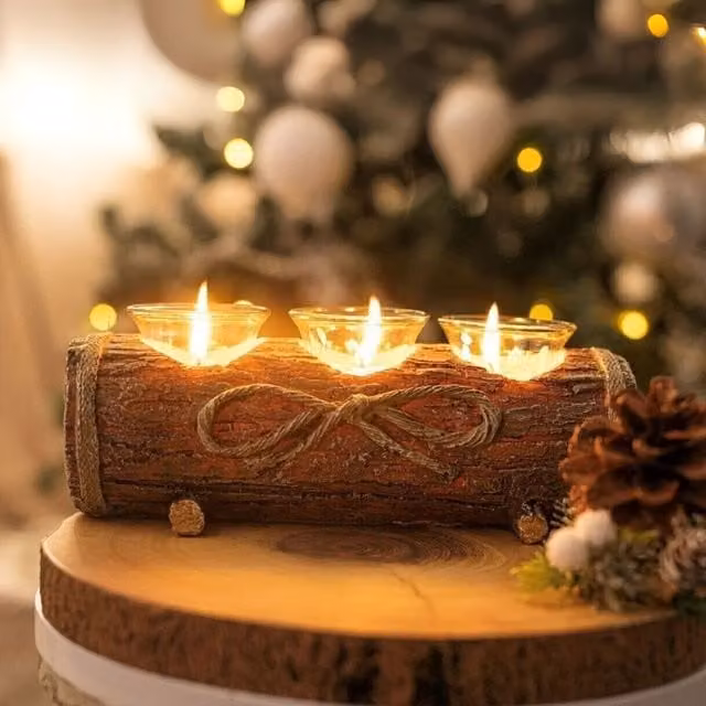 Marco Paul Rustic Christmas Log Tealight Candle Holder with 3 Glass Holders in Brown – 1