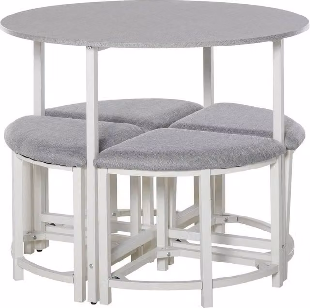 NESTLUNE Modern Round Dining Table Set with 4 Grey Upholstered Stools, Diameter: 100 cm