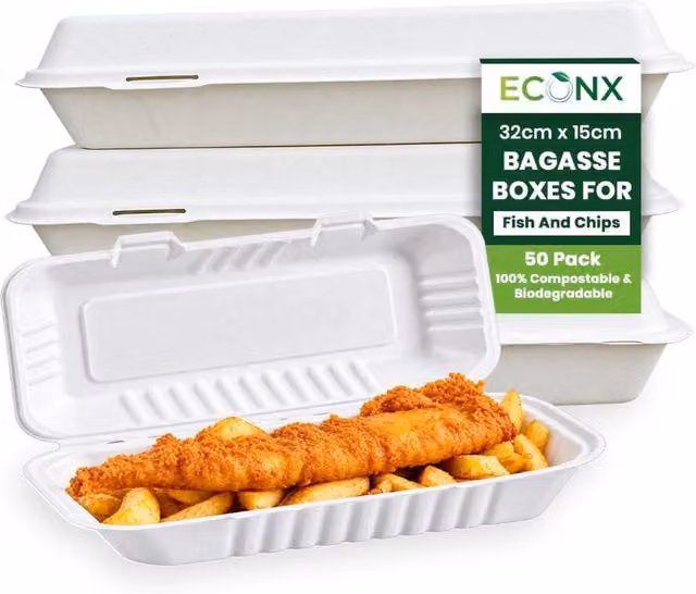 ECONX Biodegradable Bagasse Clamshell Fish and Chips Takeaway Food Containers, White, 200 Pieces – 1