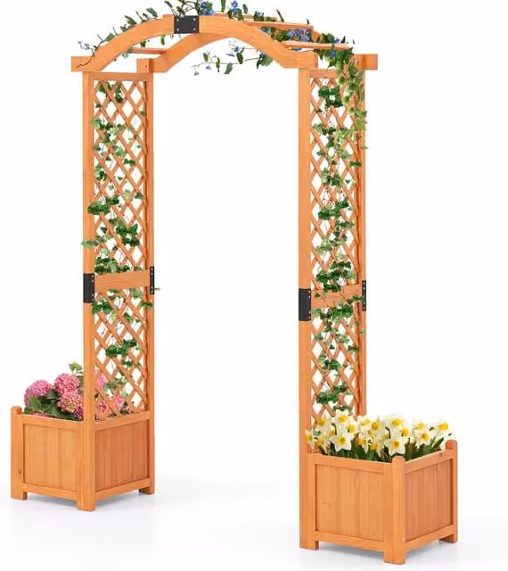 COSTWAY Curved Wooden Garden Arbor Trellis with Planter Boxes and Climber Support in Orange