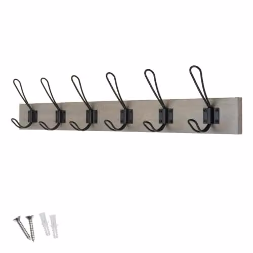 keypak Rustic Wall Mounted Coat Rack with 6 Double Wire Hooks and Ash Wood Base in Black, Grey or Brown