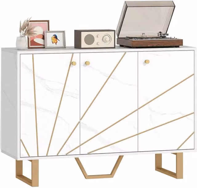 Kelvenix Modern White and Gold Sideboard Storage Cupboard with Metal Legs for your Living Room