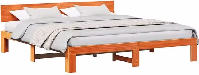 Berkfield Home Durable Solid Pine Wood Bed Frame with Headboard in Wax Brown, W/D/H: 200 x 200 x 66 cm