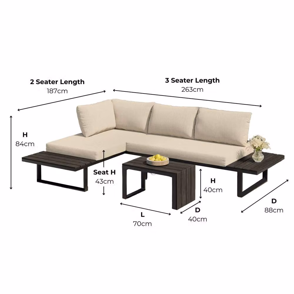 Modish Furnishing Naples 4 Seater Modular L-Shape Corner Sofa Chaise Garden Set with Coffee Table in Cream Powder Coated Aluminium – 4