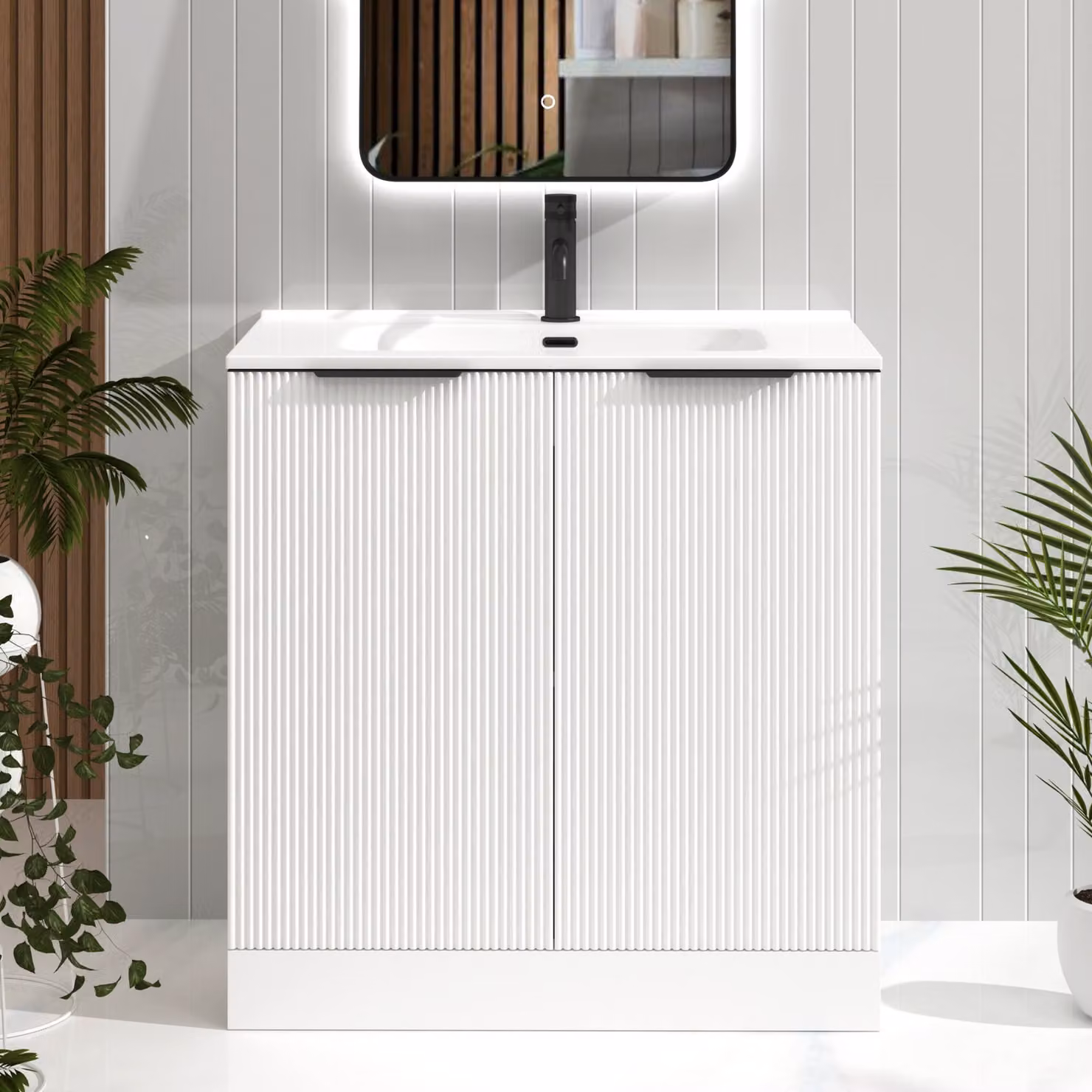 Royal Bathrooms Evora 800mm Matt White Fluted Floor Standing 2 Door Vanity Unit with Ceramic Basin and Matt Black Handles