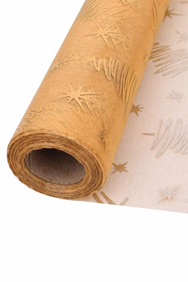 Neel Blue Organza Roll Sheer Glitter Fabric with Gold Christmas Tree and Snowflake Design, W: 29 cm x L: 25 m
