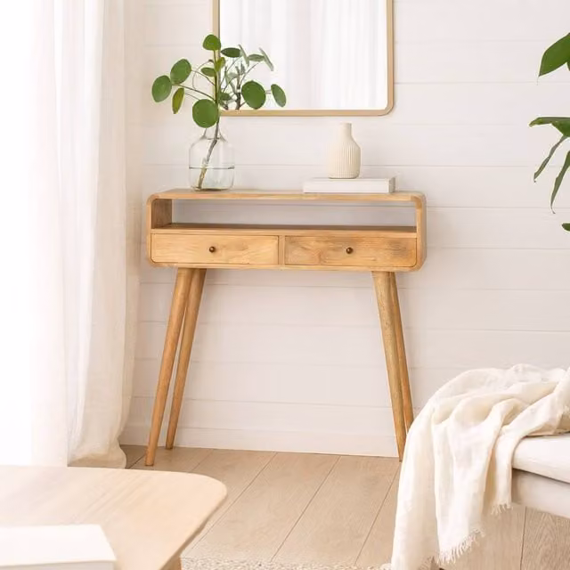 Wyld Haus Urbino Curved Mango Wood Console Table with 2 Drawers and Open Shelf, Brown, W/D/H: 90.0 x 35.0 x 76.7 cm